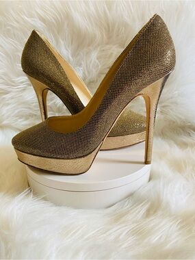 Jimmy Choo Gold Glitter Fabric And Embossed Leather Eros Platform Pumps